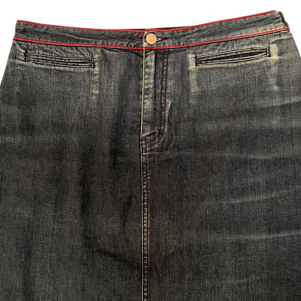 Vtg Tommy Hilfiger Denim Blue Jean Skirt Red Stitch Logo Stretch Pockets Midi
